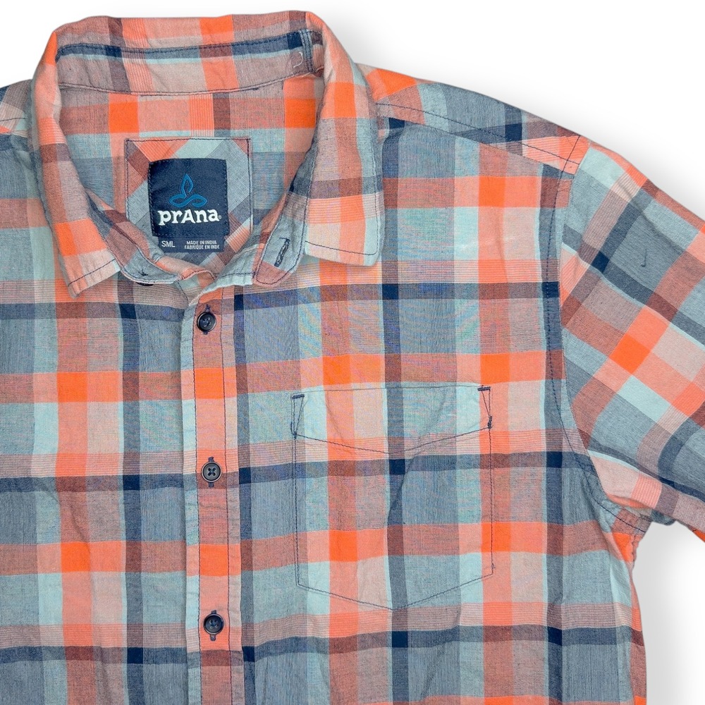 Prana Bryner Shirt Mens S Orange Madras Short Sleeve Button Up Preppy FLAW